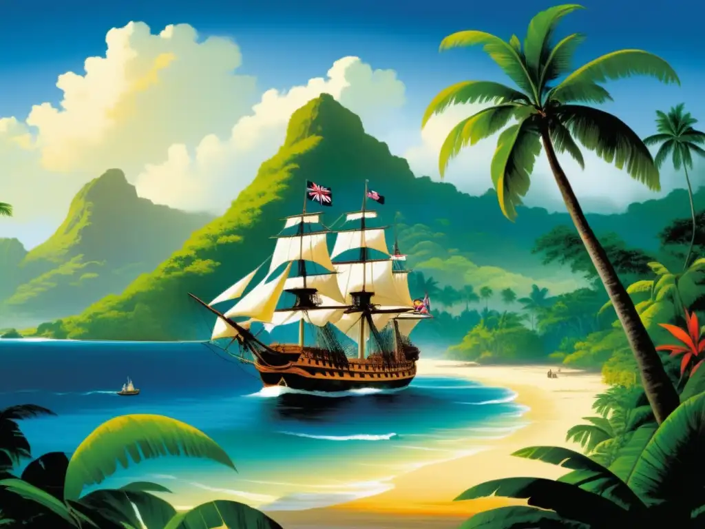 Pintura vintage: HMS Endeavour anclada en isla tropical del Pacífico