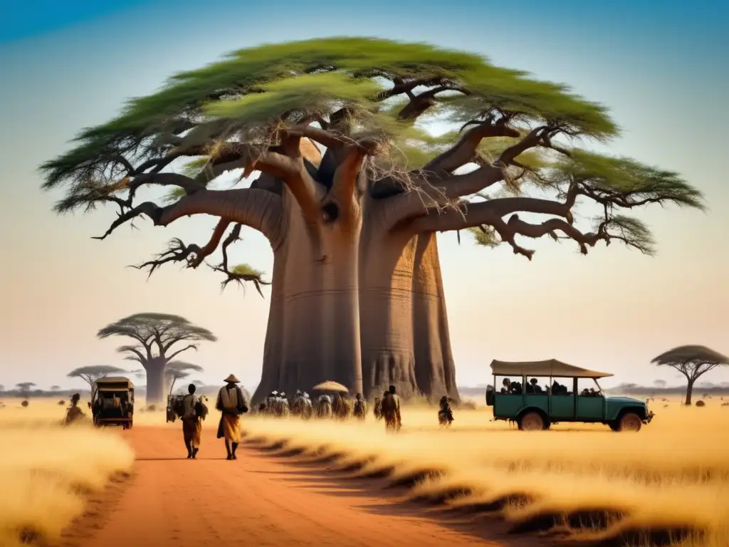 Paisaje africano del siglo XIX con exploradores, baobab y caravanas - Stanley y Livingstone: Cambio de percepciones en África