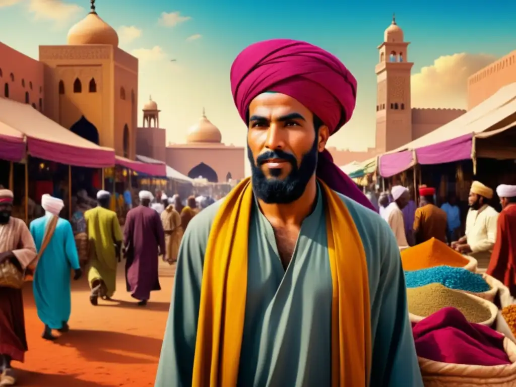 Ibn Battuta en un bullicioso mercado africano, lleno de colores vibrantes y culturas diversas