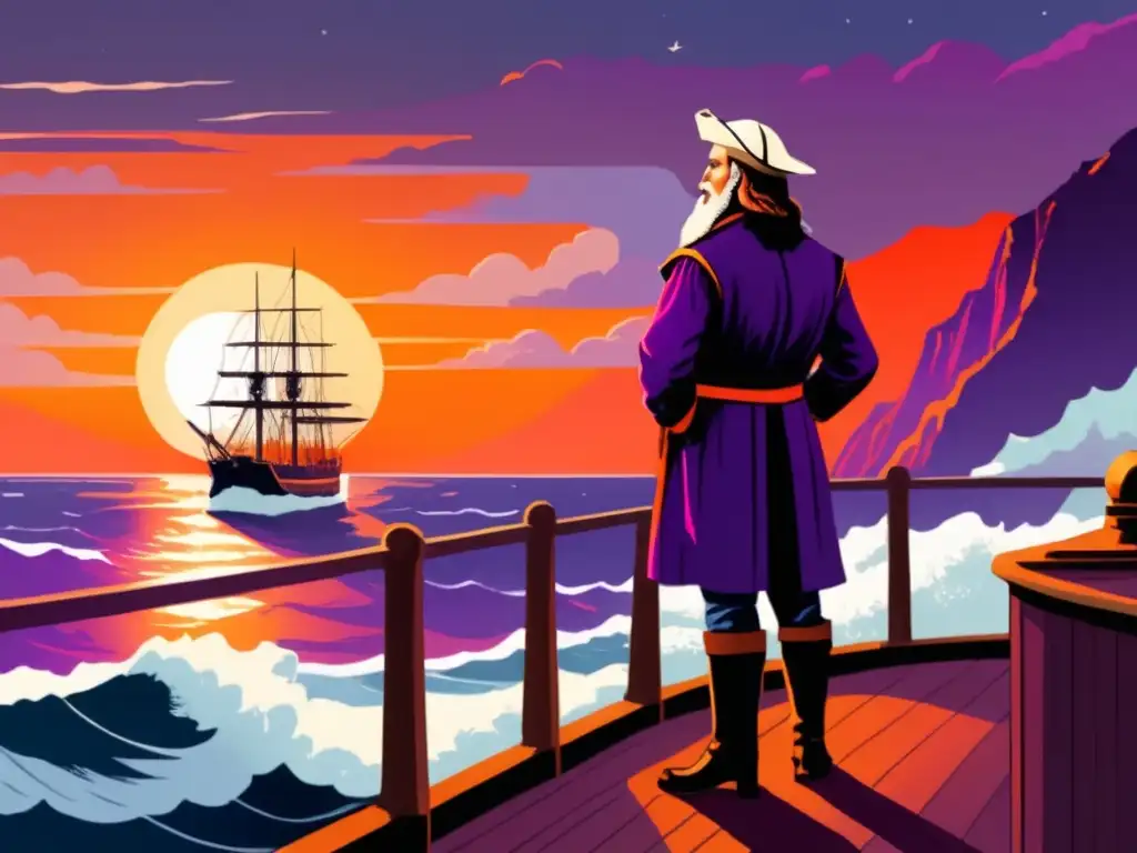 John Cabot en su barco, contemplando el vasto océano al atardecer