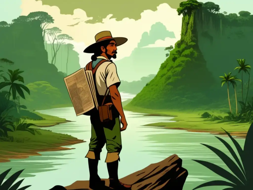 Ilustración vintage de la expedición de Francisco de Orellana por la selva amazónica