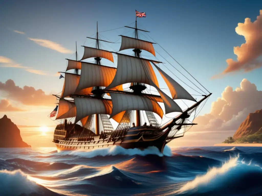 Descubrimiento del Pacífico: La HMS Endeavour de James Cook navegando en un mar de misterio, aventura y atardeceres