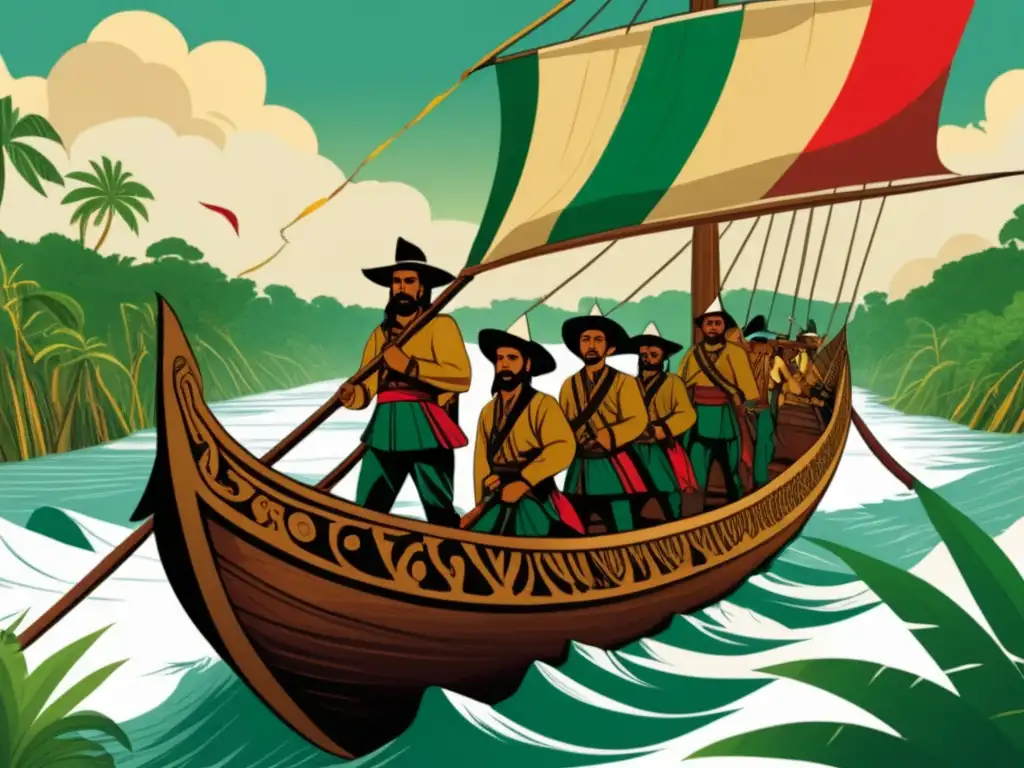 Ilustración de estilo vintage de Francisco de Orellana y su tripulación navegando el peligroso río Amazonas