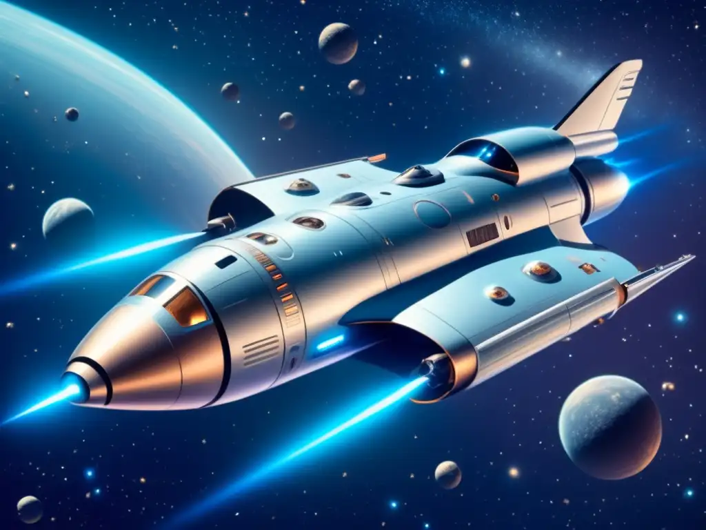 Nave espacial vintage flotando en el espacio, avances en tecnología y transporte en la exploración