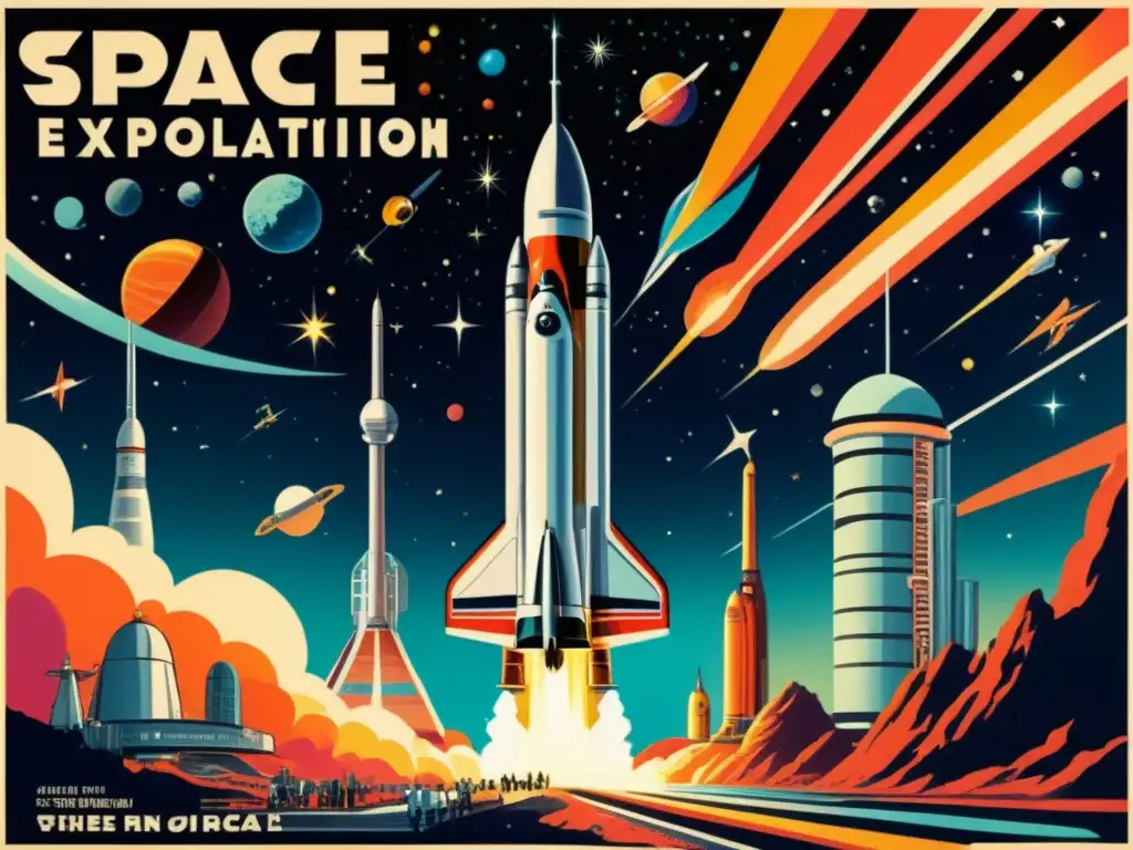 Poster espacial vintage: cohete futurista, científicos y expediciones al espacio exterior