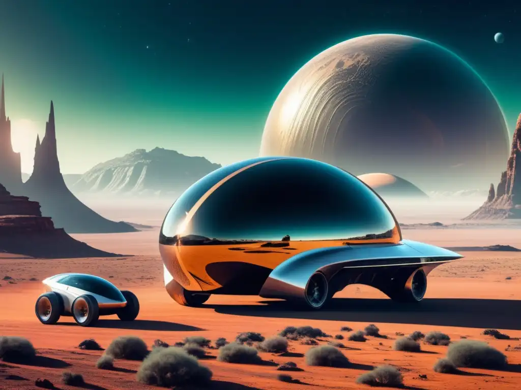 Vehículo de exploración futurista en paisaje alienígena, con tecnología de transporte moderna en la exploración global