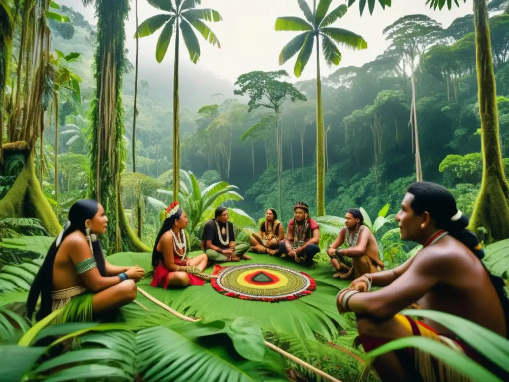 Tribus indígenas compartiendo sabiduría en la selva, uniendo culturas y explorando juntos