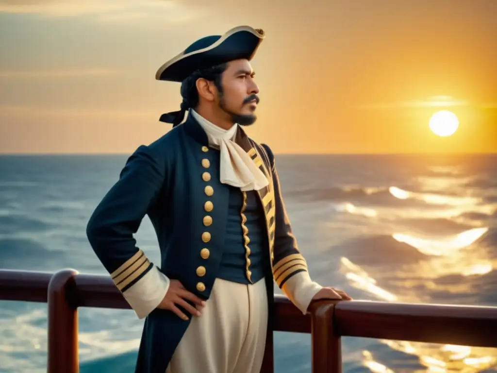 Juan Rodríguez Cabrillo en un barco mirando al horizonte con determinación, en una imagen vintage