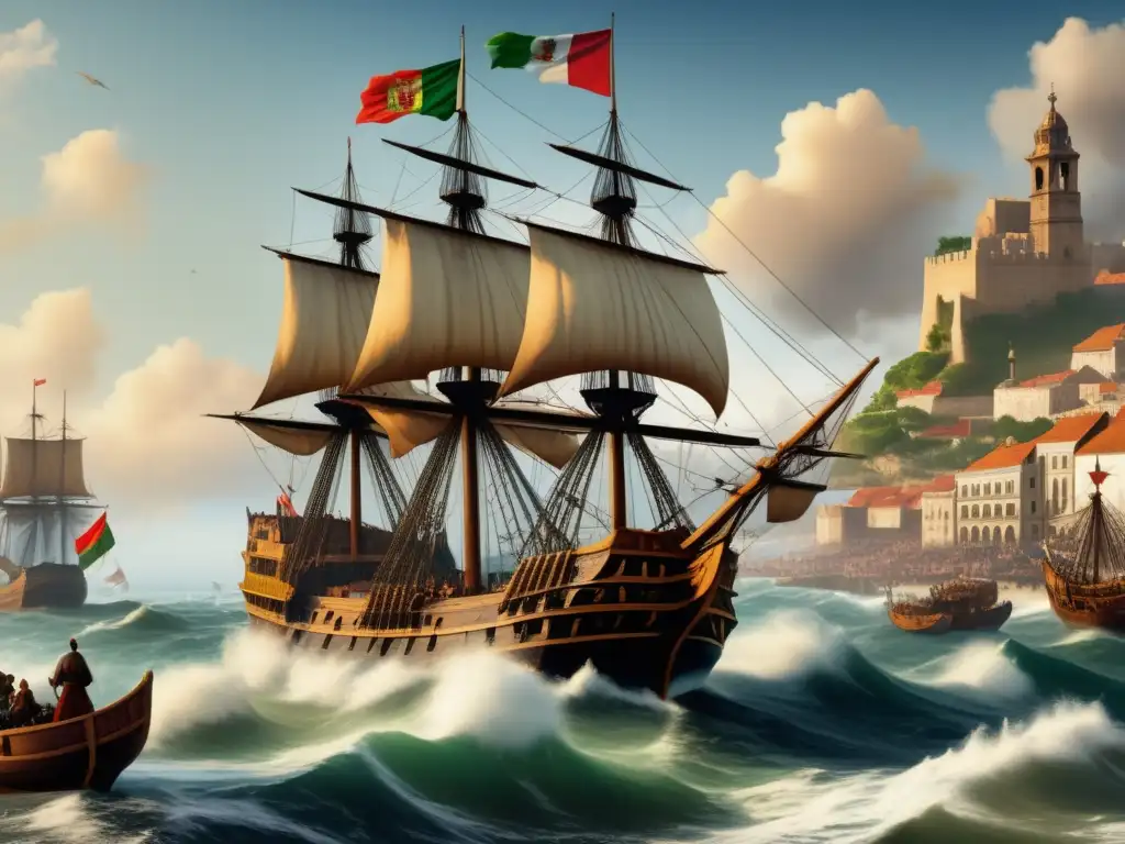 Pintura vintage: escena animada del puerto durante exploración de Vasco da Gama