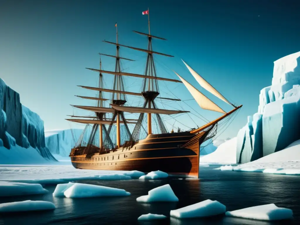 Imagen de exploración polar de Fridtjof Nansen: Fram en paisaje ártico con exploradores vintage