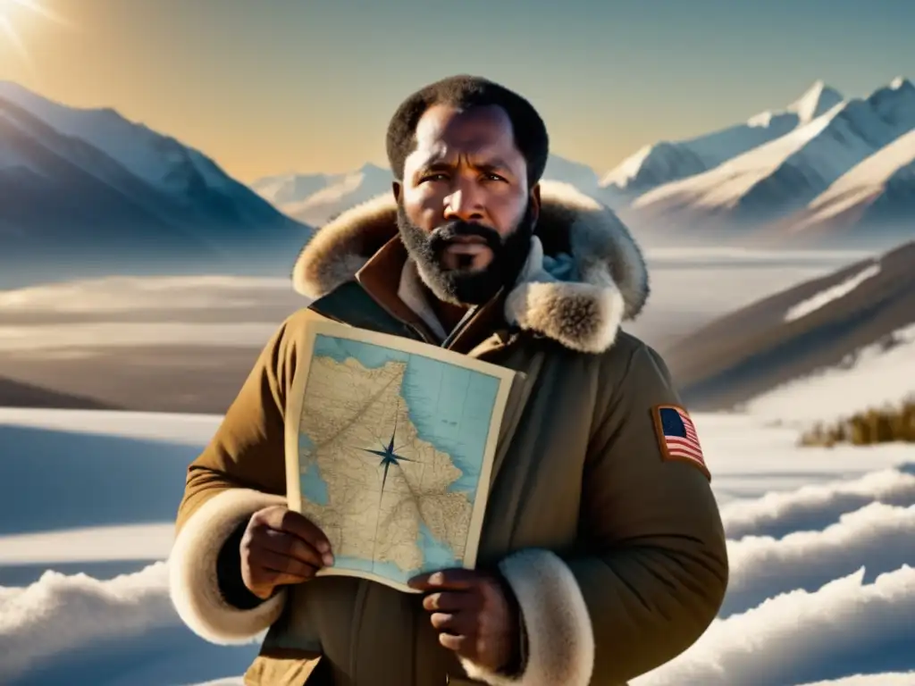 Matthew Henson en paisaje polar, con mapas y brújula, reflejando su espíritu pionero y desafíos en el Ártico