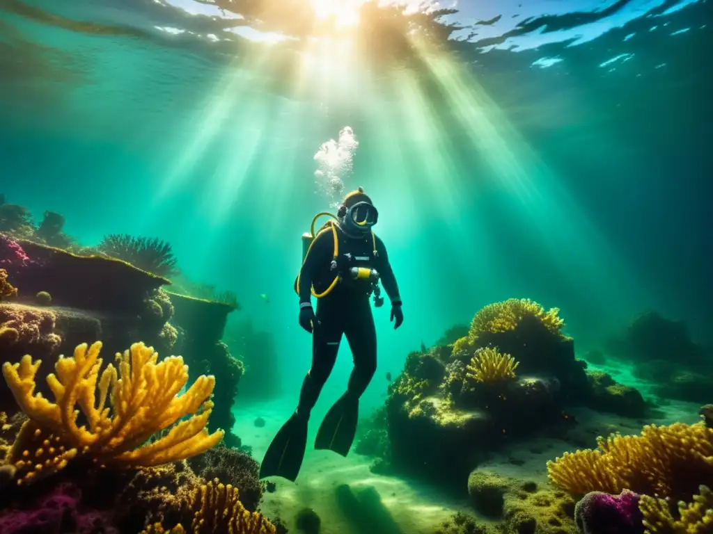 Buzo en traje de buceo vintage explorando tesoro en naufragio - Desafío de la Antikythera