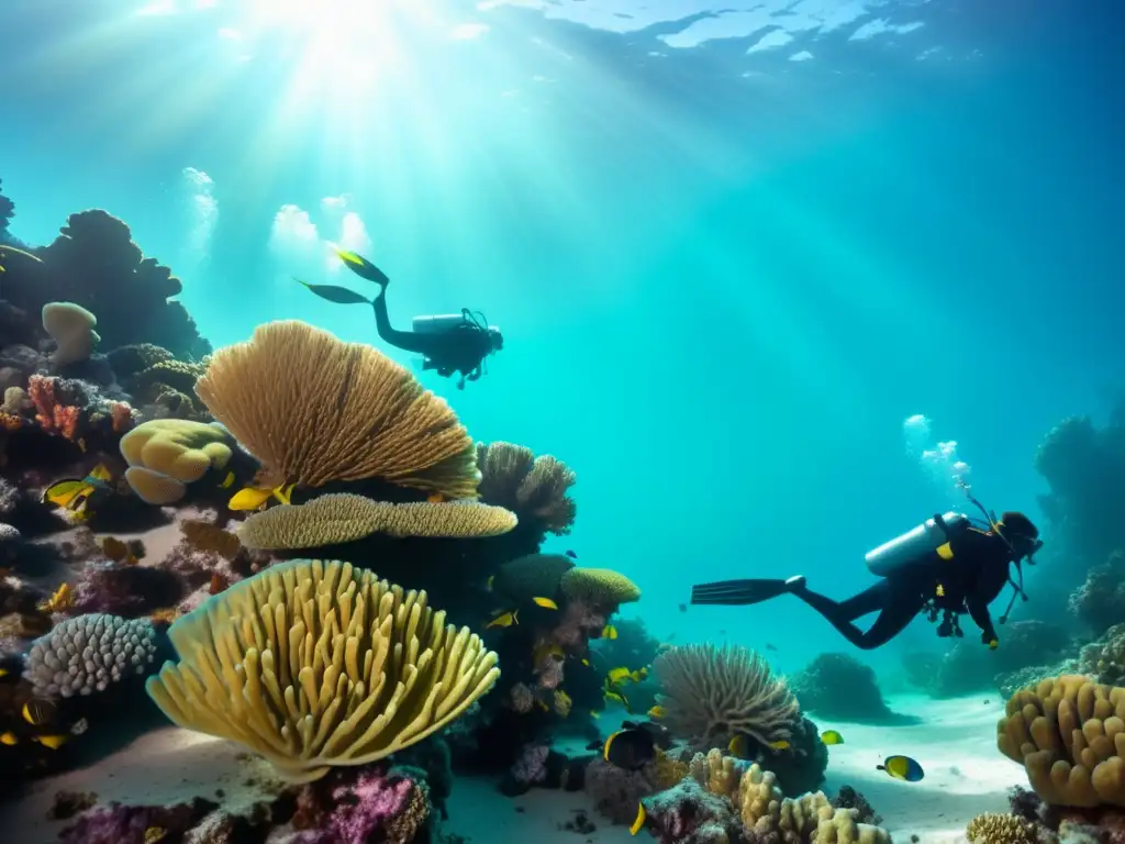 Divers explorando un arrecife de coral vibrante rodeado de peces coloridos y vida marina