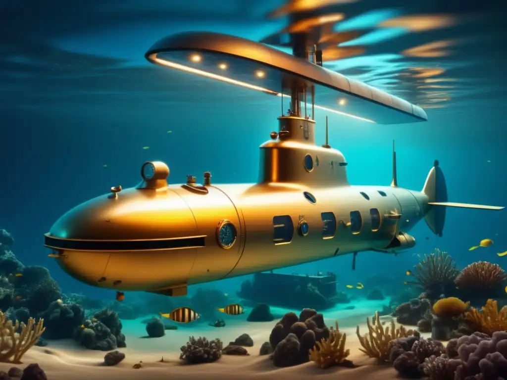 La tecnología redefine exploración: submarino, coral, peces, satélites, vintage (110 caracteres)