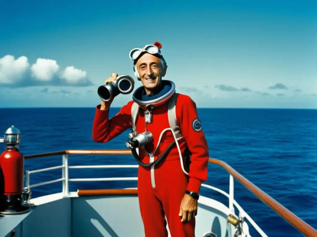 Jacques Cousteau, explorador submarino, en su traje rojo icónico, rodeado de equipo de buceo