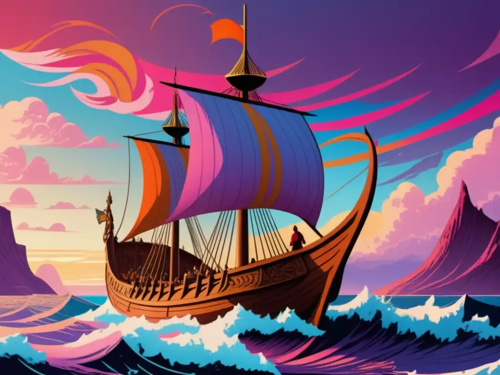 Leif Erikson en su barco vikingo, navegando hacia Vinland, con un cielo impresionante al atardecer