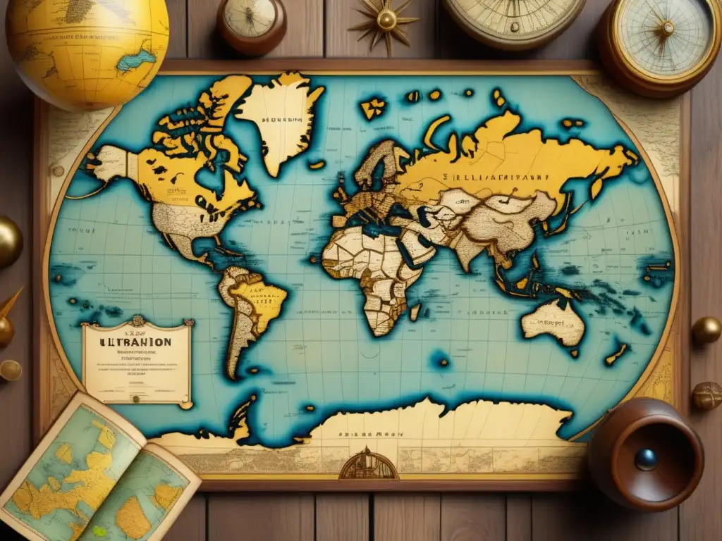 Mapa vintage del mundo con detalles intrincados y objetos relacionados a la exploración