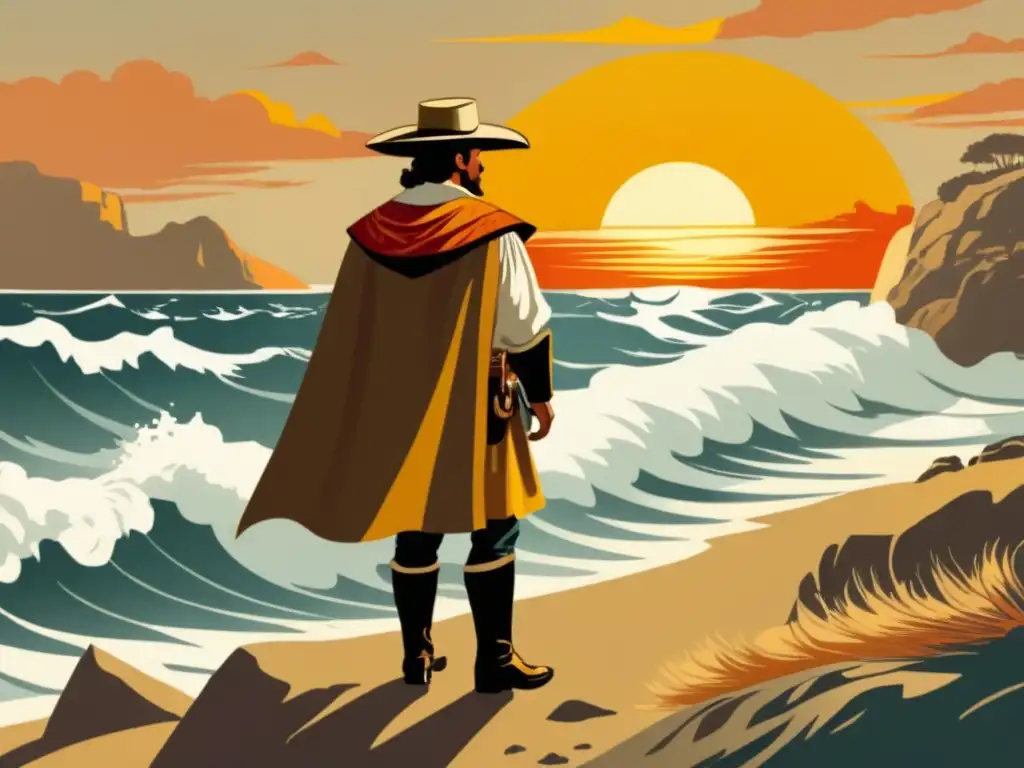 Ilustración vintage de Vasco Núñez de Balboa contemplando el Mar del Sur: aventura y descubrimiento