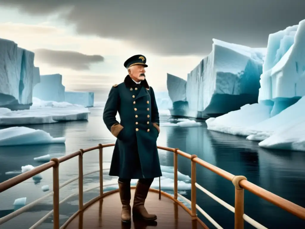 Fridtjof Nansen en su barco Fram navegando por aguas árticas rodeado de icebergs, reflejando su espíritu intrépido y su investigación oceanográfica