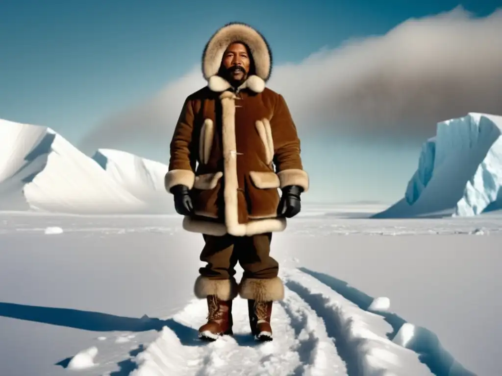 Matthew Henson, explorador polar, en paisaje nevado con equipo de Arctic, legado de hijo de agricultores (110 caracteres)