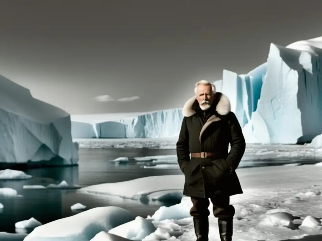 Fridtjof Nansen en el Ártico: explorador valiente en paisaje nevado, con mapas y brújula, desafiando icebergs y condiciones extremas