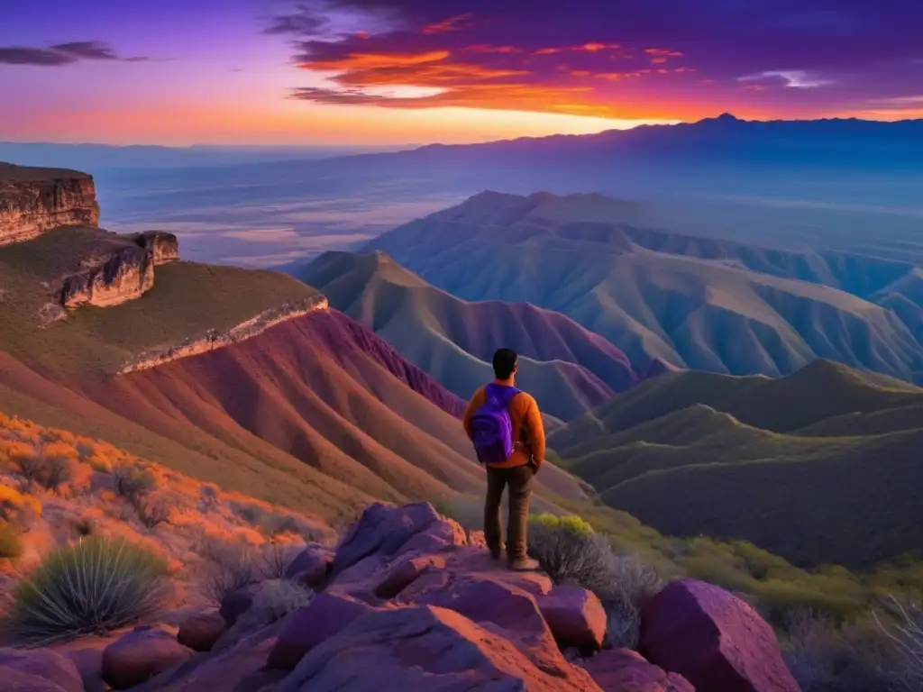 Francisco de Ibarra en paisaje montañoso y salvaje, con puesta de sol