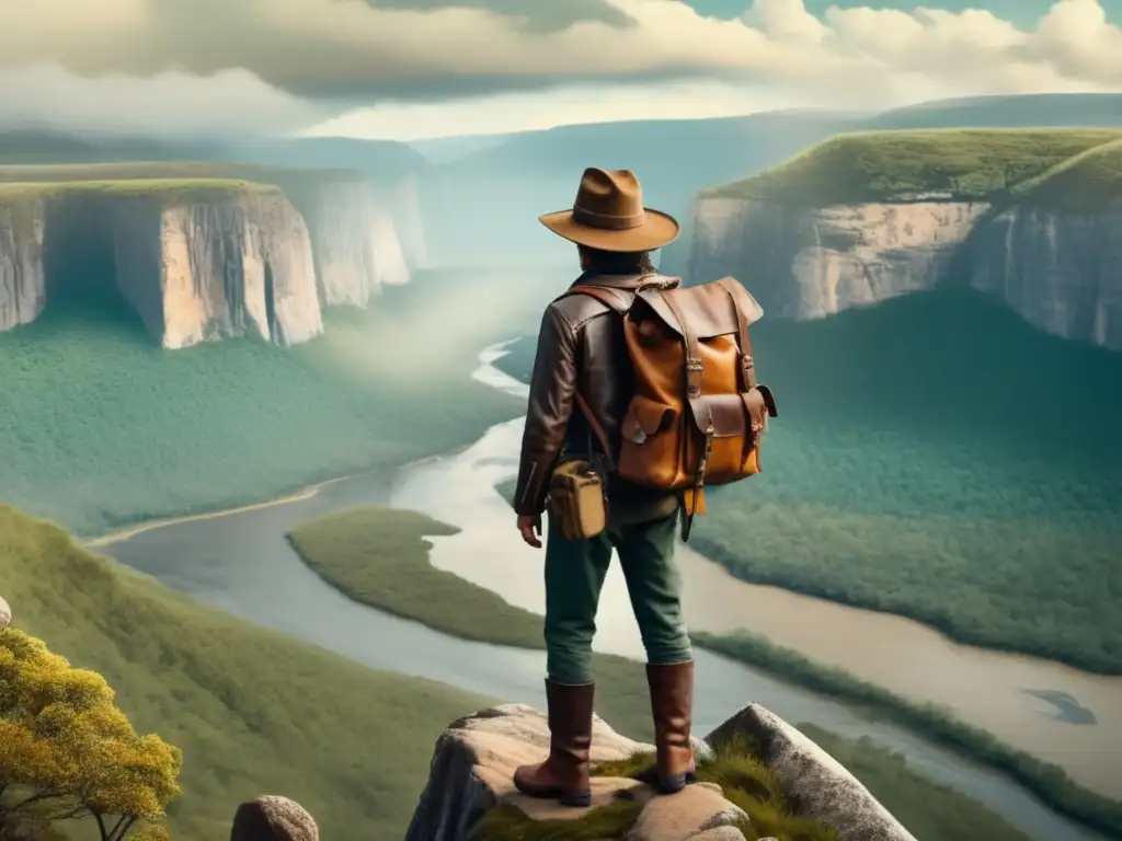 Explorador admirando paisaje salvaje con espíritu aventurero y nostálgico