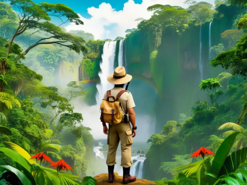 Explorador vintage en selva exuberante Explorador vintage en una selva exuberante, con tecnología de exploración avanzada