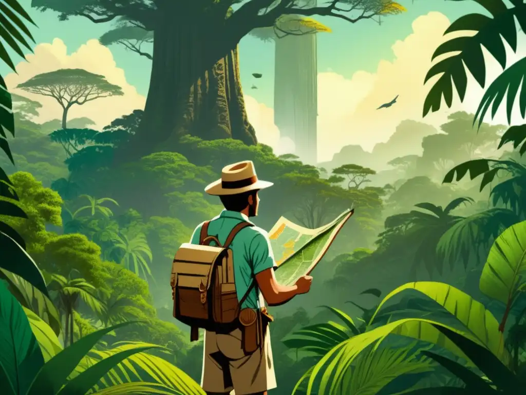 Explorador en la selva: expediciones históricas, mapas, cascada, vegetación exuberante