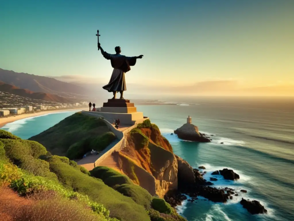 Estatua de bronce de Juan Rodríguez Cabrillo en la costa rocosa, simbolizando su espíritu de exploración y descubrimiento