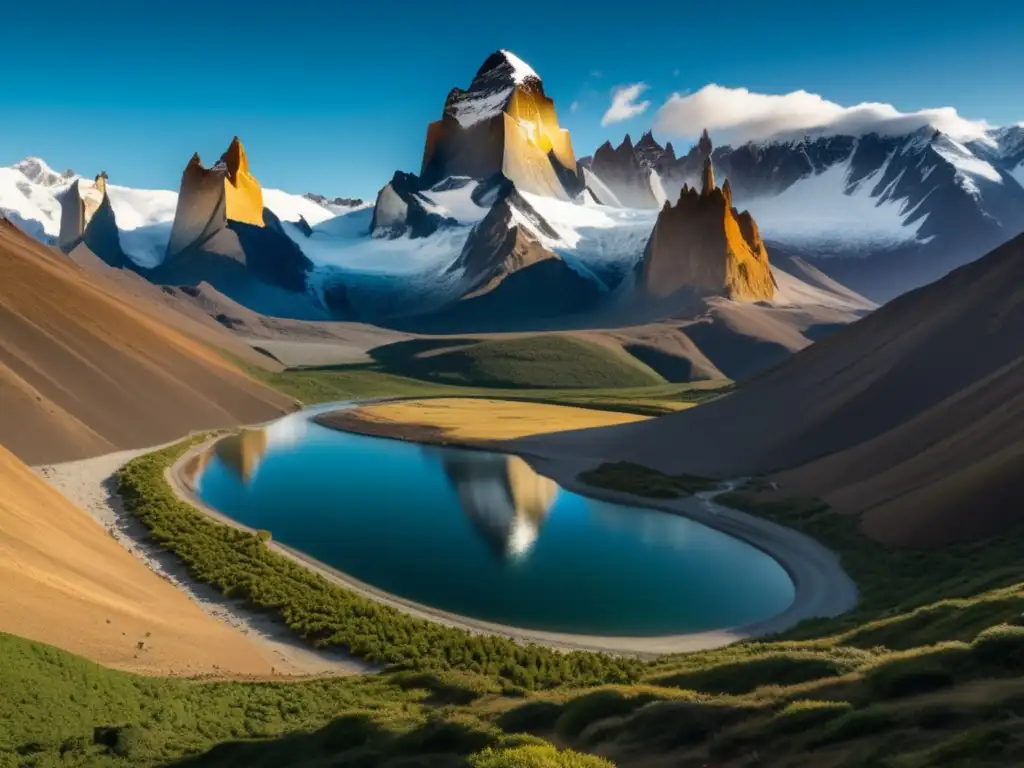 Paisaje majestuoso de Chile con los Andes, río cristalino y monumento a Diego de Almagro