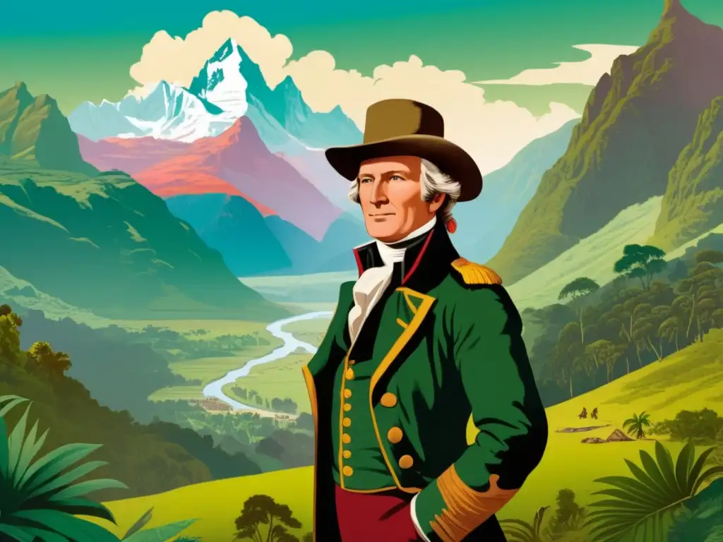 Ilustración vintage de Alexander von Humboldt en paisaje exuberante rodeado de montañas y bosques