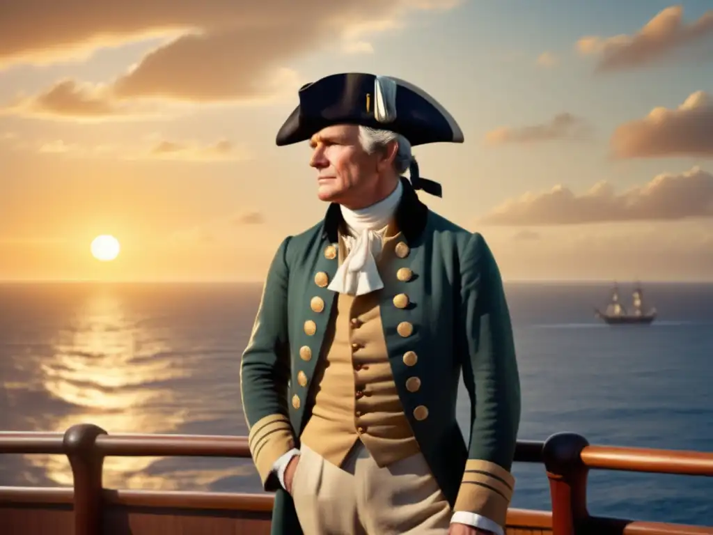 Imagen de las expediciones de James Cook en el Pacífico, con el capitán mirando hacia el horizonte en un barco de madera majestuoso