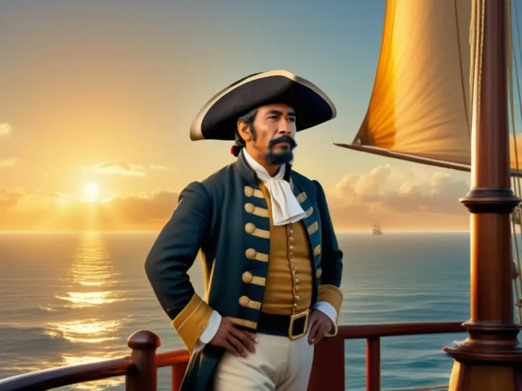 Juan Rodríguez Cabrillo en su barco, mirando el vasto océano Pacífico al atardecer, con una estética vintage