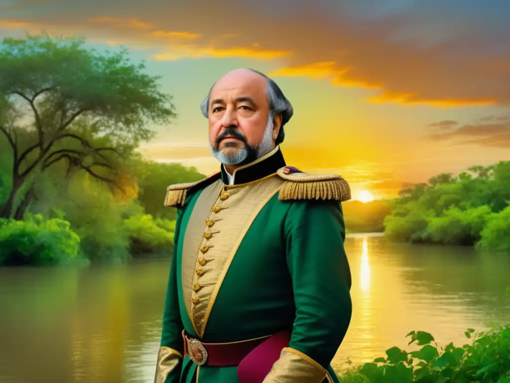 Hernando de Soto en la ribera de un río exuberante, atardecer dorado, mirada decidida, mapamundi en mano