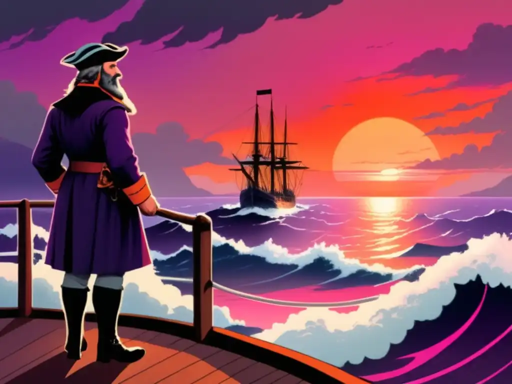 John Cabot en su barco, contemplando el vasto océano Atlántico Norte, rodeado de olas y con el paisaje emergiendo en la distancia