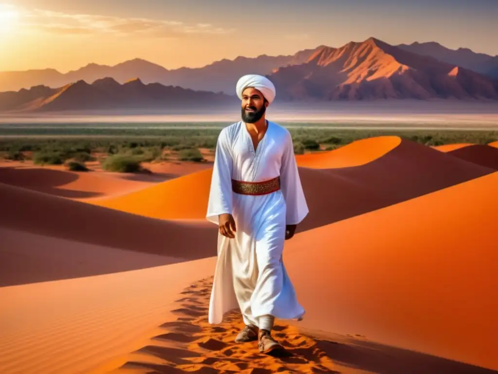 Ibn Battuta en el desierto del Sahara con los imponentes Montes Atlas de fondo, listo para sus expediciones históricas en Asia