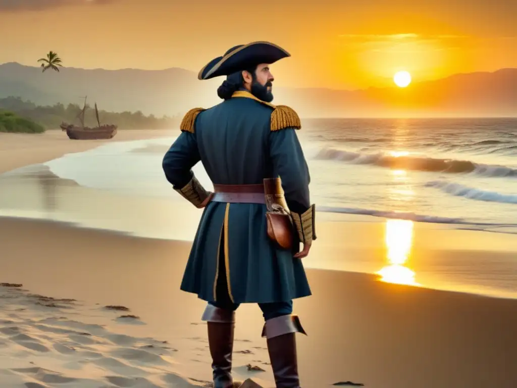 Francisco Pizarro contempla el océano Pacífico al atardecer, preparándose para el desafío de conquistar el imperio incaico