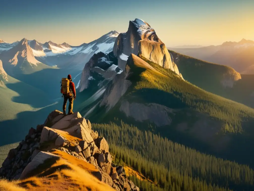 Dilema emocional en expediciones: montaña majestuosa, explorador solitario, curiosidad y miedo en sus ojos, naturaleza salvaje