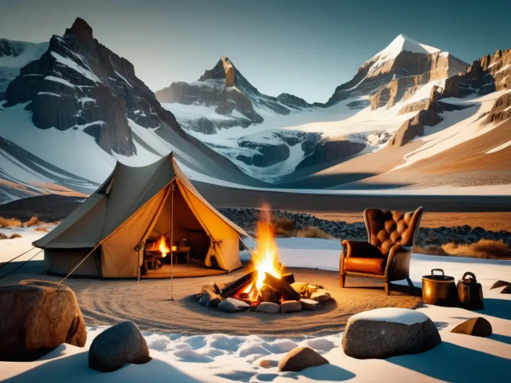 Campamento de explorador vintage en medio de montañas nevadas