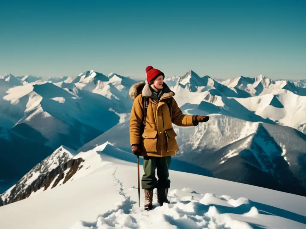 Persona en montaña nevada, vestida con abrigo de invierno, guantes y sombrero, sosteniendo brújula y mapa