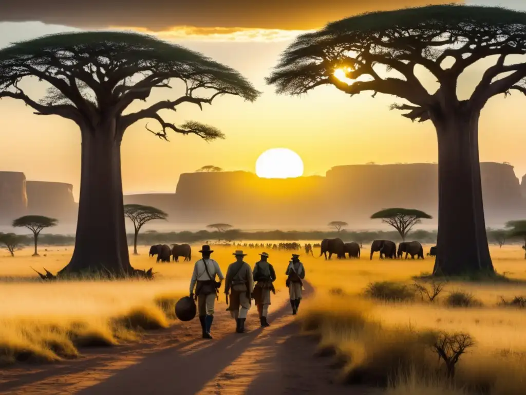 Expedición de Livingstone en África: explorador con paisaje africano, baobabs, manada de ñus y cielo dorado