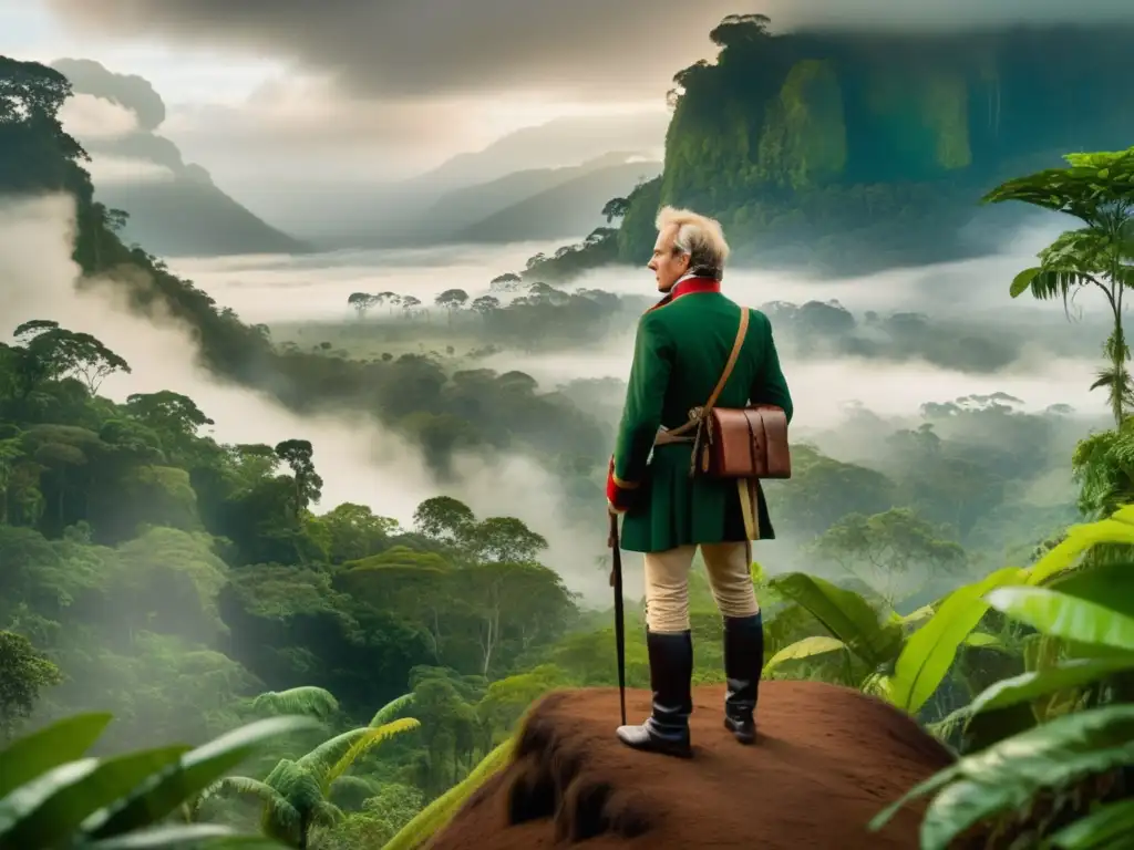 Viaje de Humboldt a América del Sur: Alexander von Humboldt en la selva amazónica, con exuberante vegetación y su diario y brújula en mano