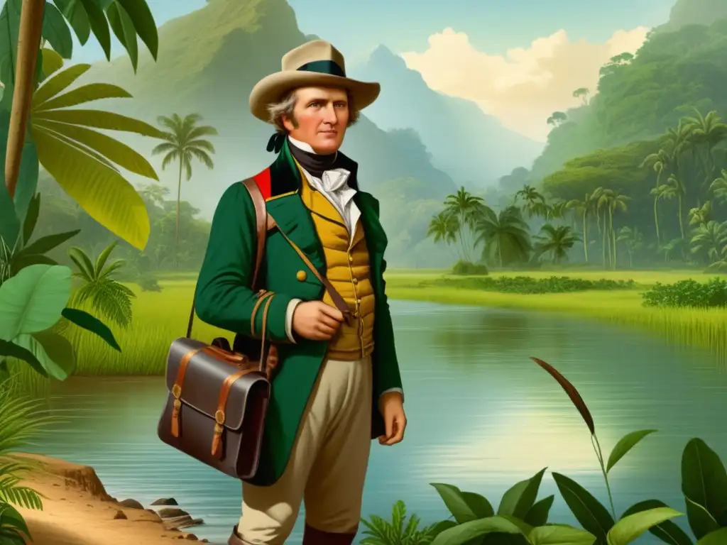 Imagen vintage de Alexander von Humboldt en su expedición por Sudamérica, rodeado de exótica vegetación y anotando en su cuaderno