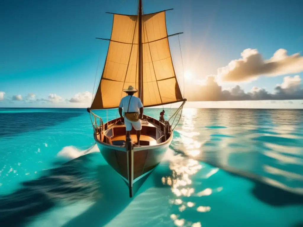 Revelación de las Islas Tuamotu: audaz explorador en barco de vela, aguas cristalinas, playas de arena blanca, arrecifes de coral