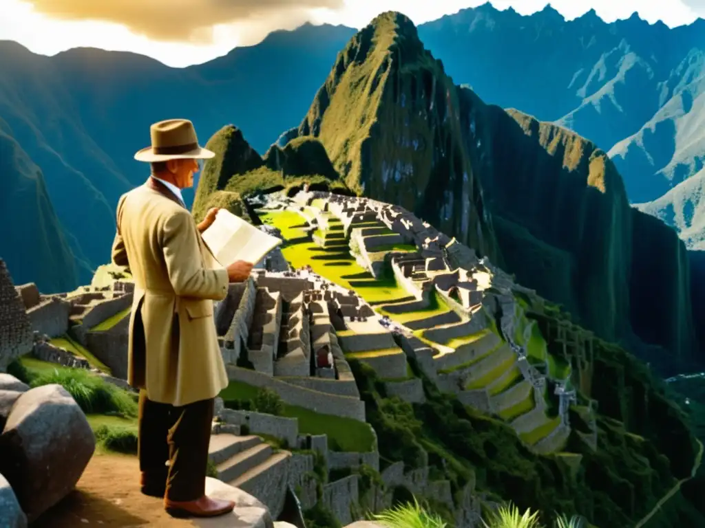 Descubrimiento de Machu Picchu: Hiram Bingham en la histórica imagen de las ruinas incas rodeadas de montañas andinas