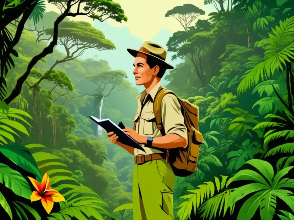 Explorador en selva tropical con magnifying glass y notebook - Biogeografía de grandes exploradores