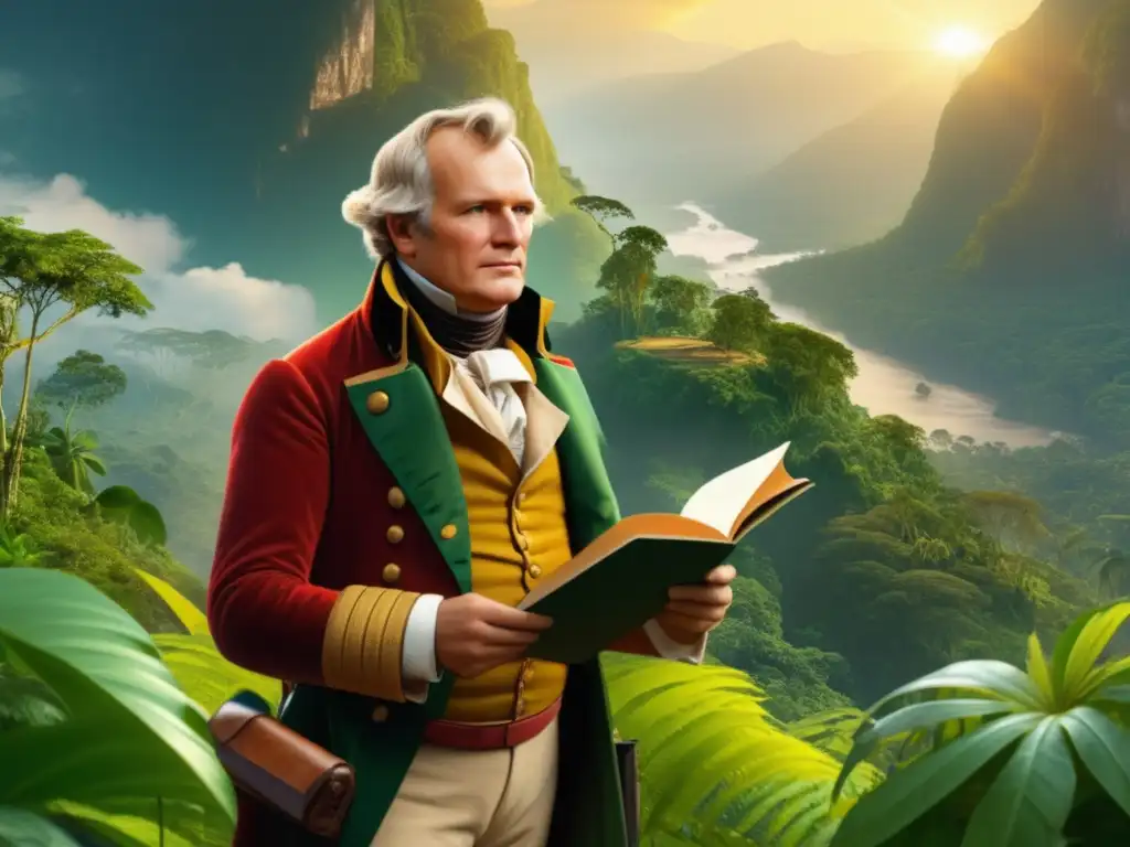 Imagen de Alexander von Humboldt en la selva amazónica, con flora y fauna exótica