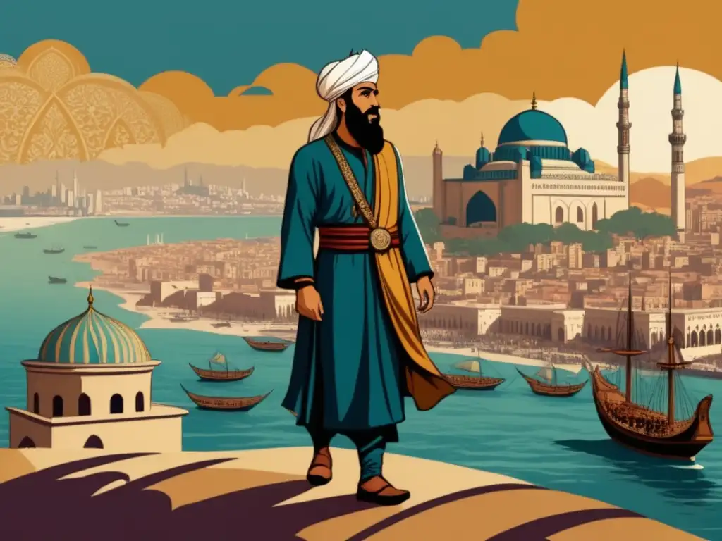 Ilustración vintage de Ibn Battuta, un explorador intrépido, en las costas de Constantinopla