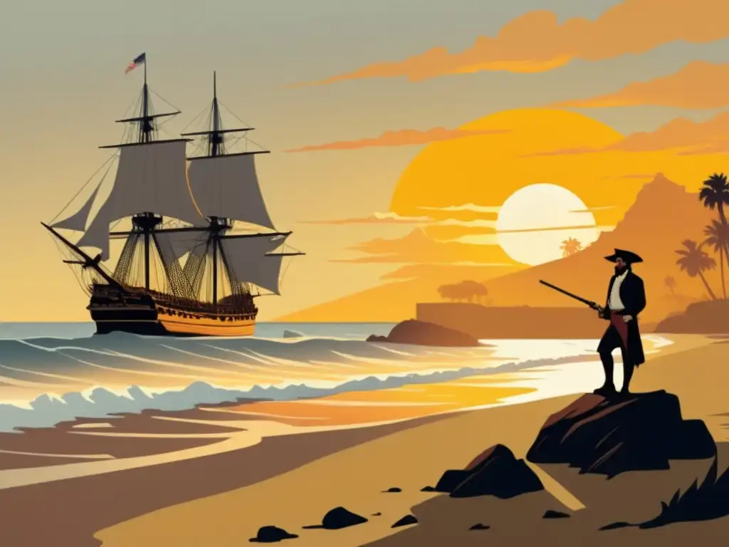 Ilustración vintage de Juan Rodríguez Cabrillo en la costa de California, con un galeón y un atardecer dorado